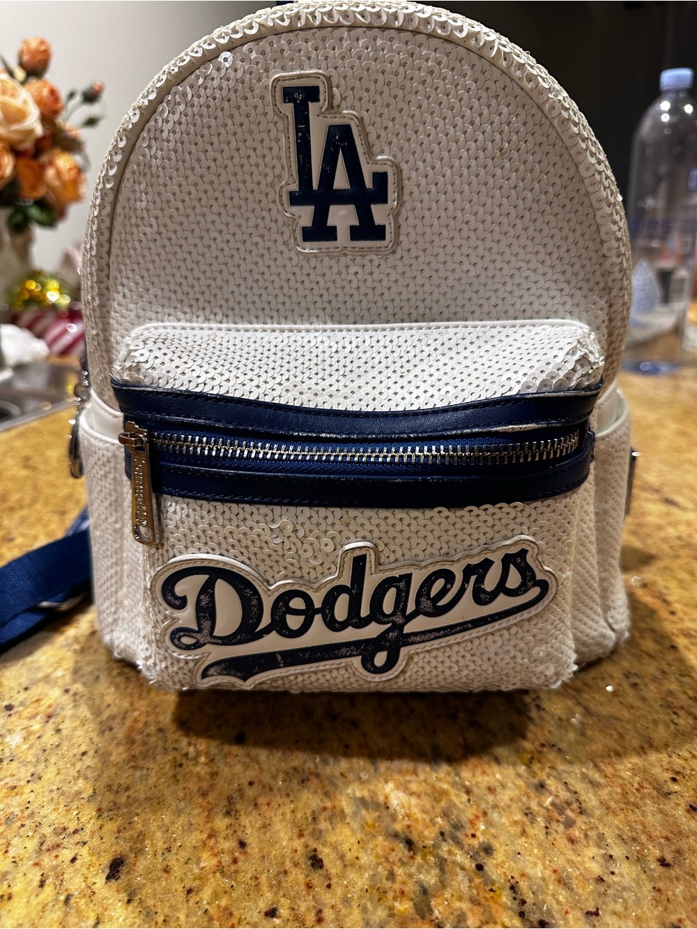 Loungefly White Sequin Mini Backpack with Navy Trim